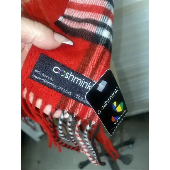 New W/ Tags V. Fraas Cashmink Red, Black & White Plaid Scarf Fringes 54”x 11” - Picture 4 of 7
